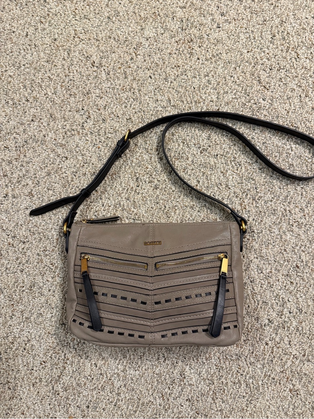 Rosetti Taupe Shoulder Bag with Black Strap and Gold Hardware